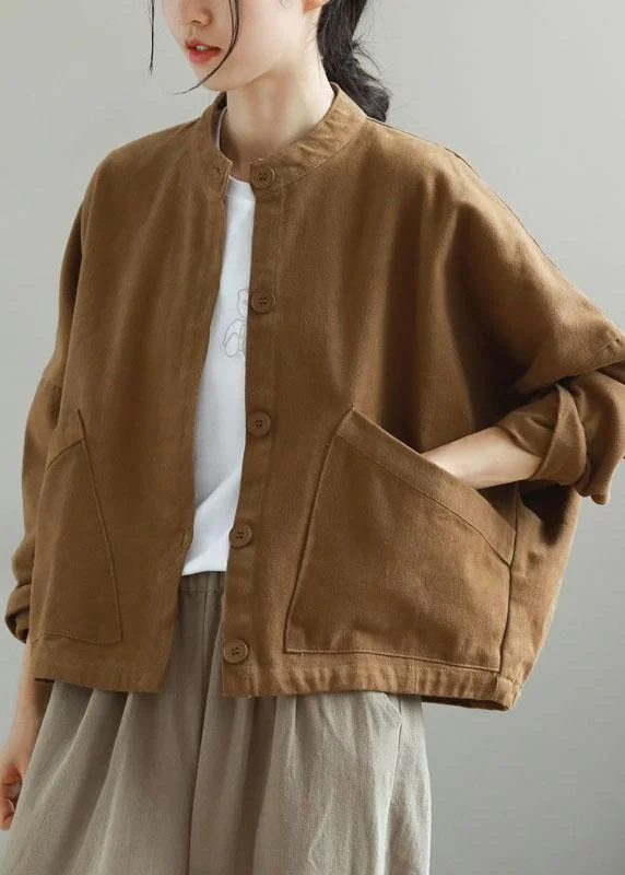 Women Khaki Stand Collar Pockets Button Fall Trench Long Sleeve