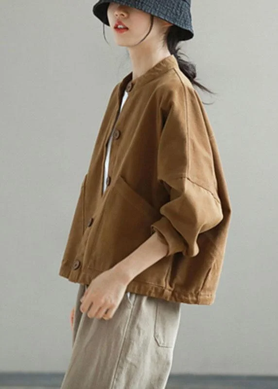 Women Khaki Stand Collar Pockets Button Fall Trench Long Sleeve