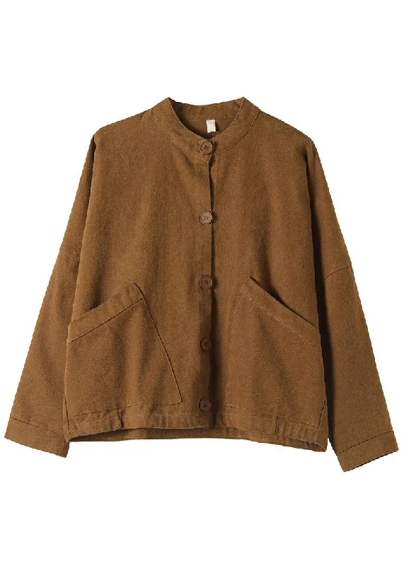 Women Khaki Stand Collar Pockets Button Fall Trench Long Sleeve