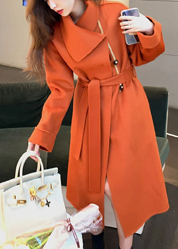 Women Orange Asymmetrical Tie Waist Woolen Trench Fall