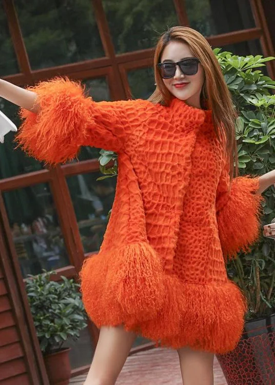 Women Orange Fluffy Patchwork Wool Coat Winter