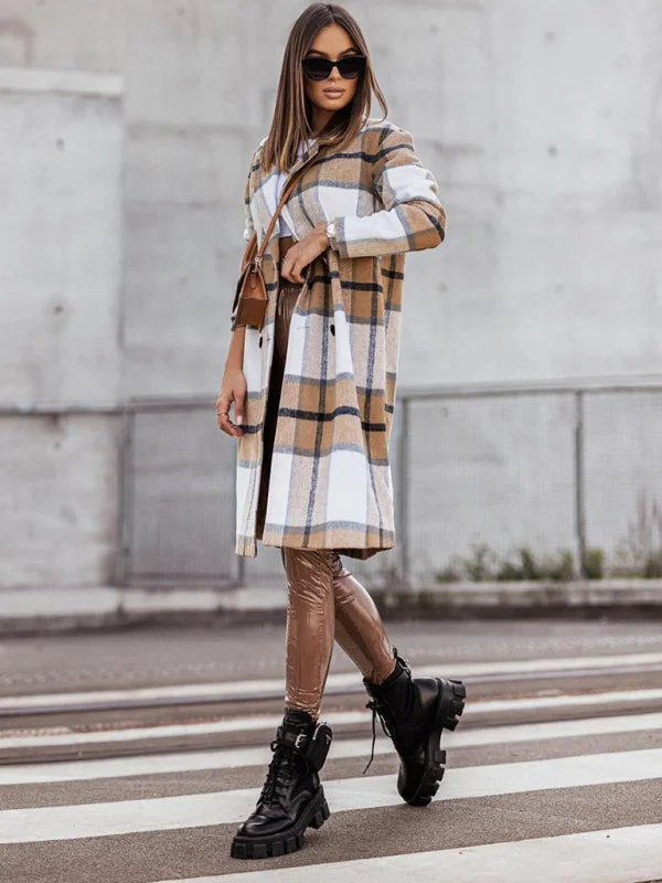 Women's Mid Length Double Breasted Plaid Print Woolen Coat