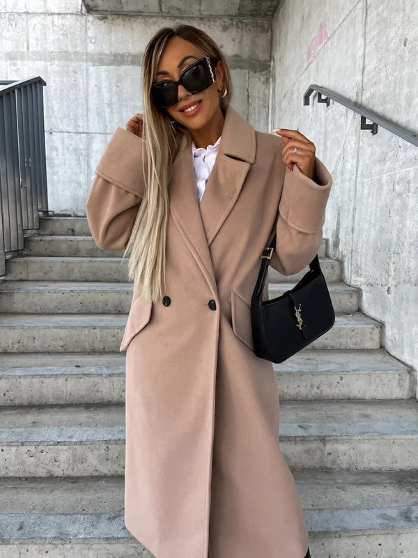 Women's long-sleeved suit collar double-breasted wool coat