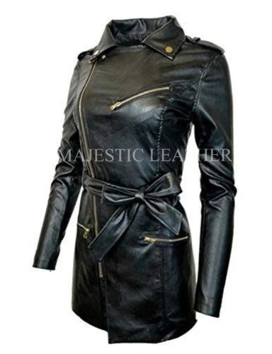 Women's Zip-up Long Jacket Belt Real Leather Trench Coats