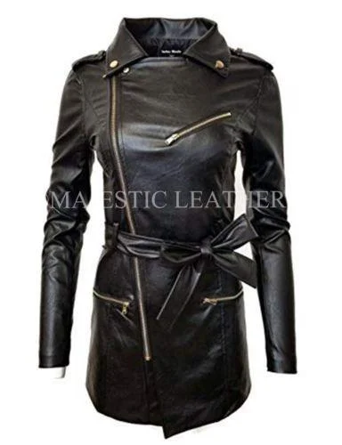 Women's Zip-up Long Jacket Belt Real Leather Trench Coats