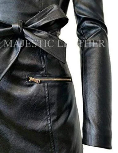 Women's Zip-up Long Jacket Belt Real Leather Trench Coats