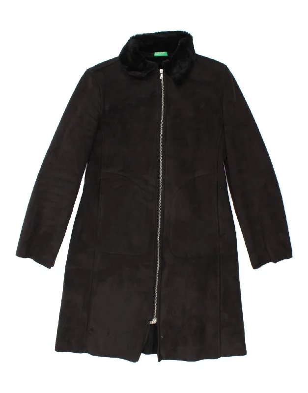 BENETTON Womens Overcoat UK 14 Medium Black Polyester