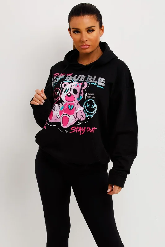 Black Oversized Hoodie With Teddy Bear Bubble Graphics