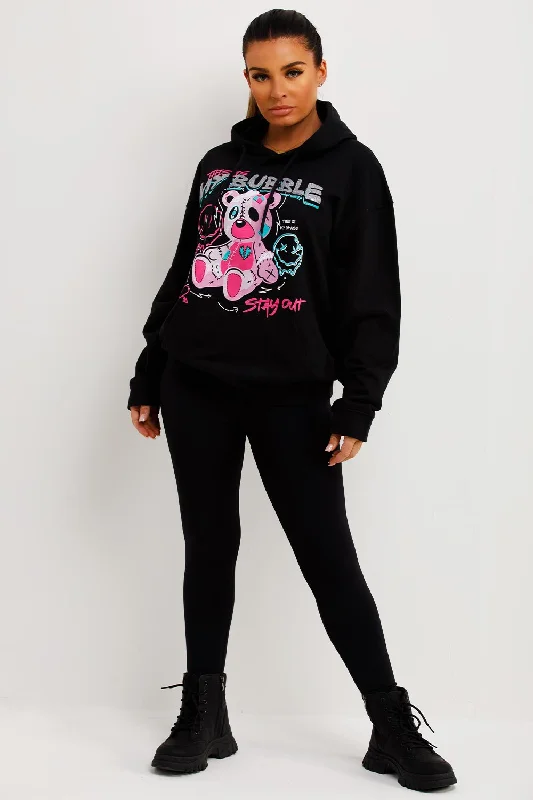 Black Oversized Hoodie With Teddy Bear Bubble Graphics