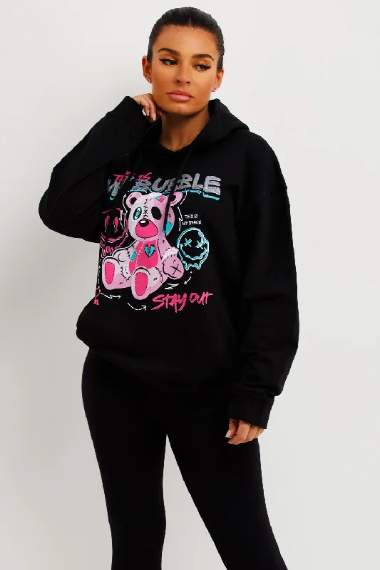 Black Oversized Hoodie With Teddy Bear Bubble Graphics