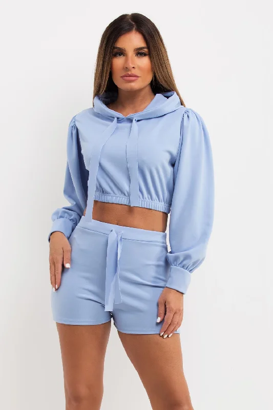 Crop Hoodie And Shorts Co Ord Set Baby Blue