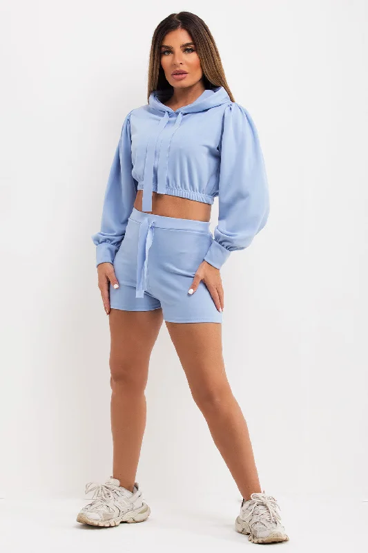 Crop Hoodie And Shorts Co Ord Set Baby Blue