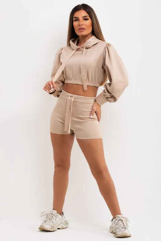 Crop Hoodie And Shorts Co Ord Set Beige