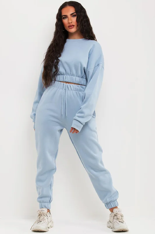 Crop Sweatshirt And Joggers Tracksuit Sky Blue