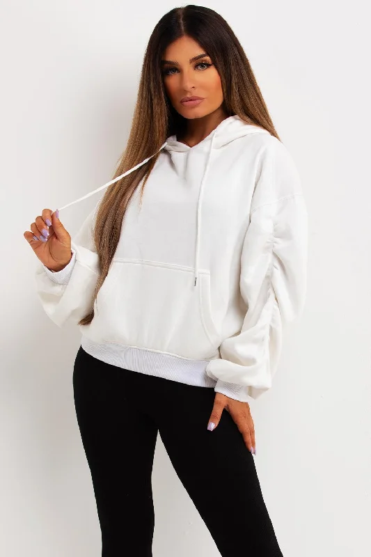 Hoodie With Ruched Sleeves Cream