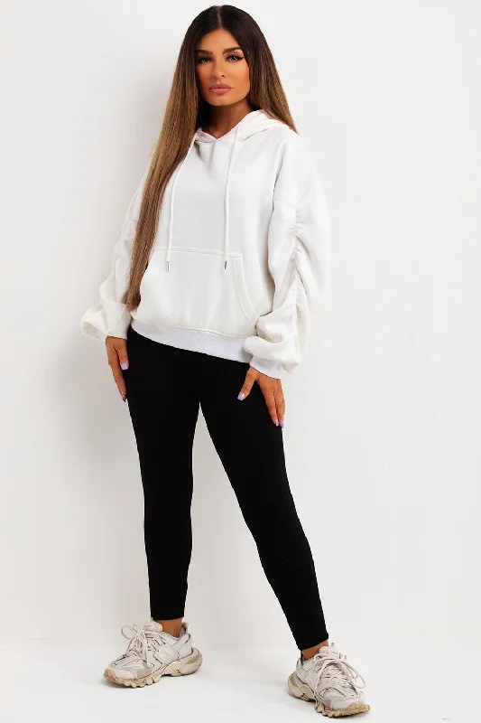 Hoodie With Ruched Sleeves Cream