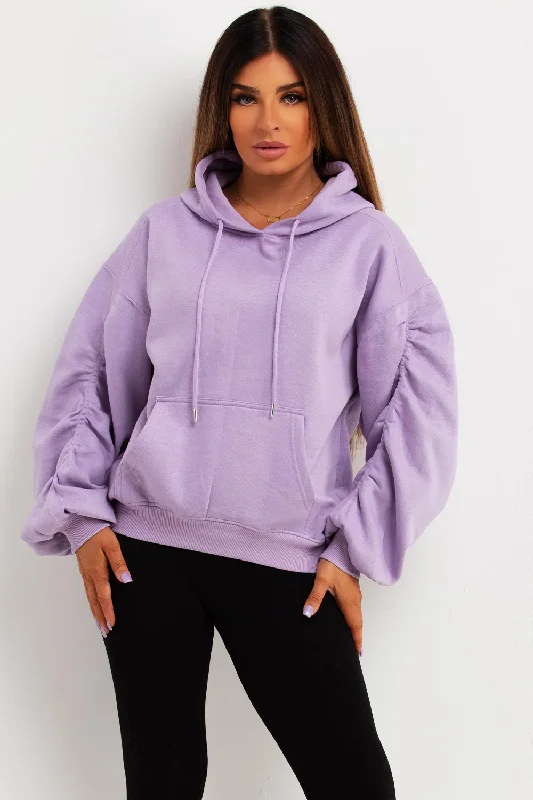 Hoodie With Ruched Sleeves Lilac