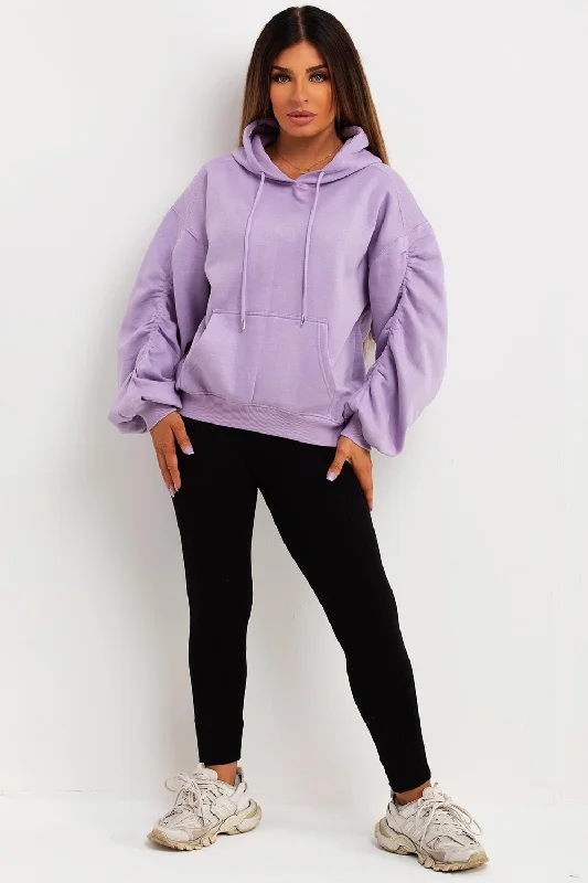 Hoodie With Ruched Sleeves Lilac