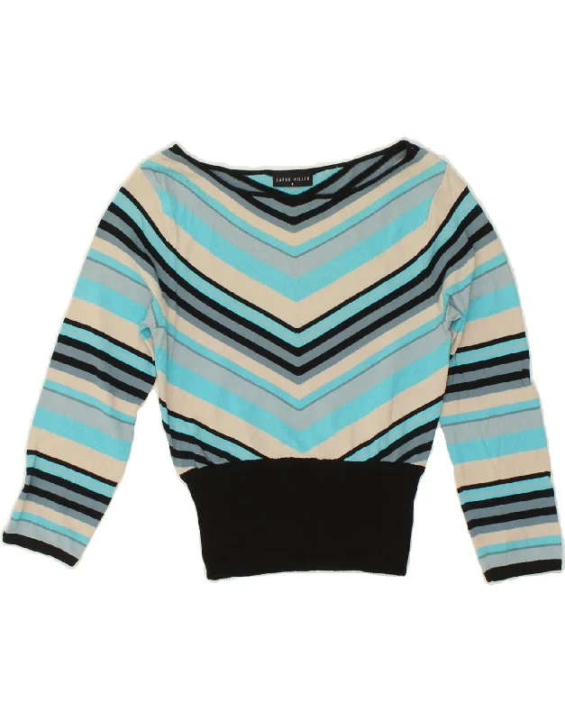 KAREN MILLEN Womens Crop Boat Neck Jumper Sweater UK 2 2XS Blue Striped