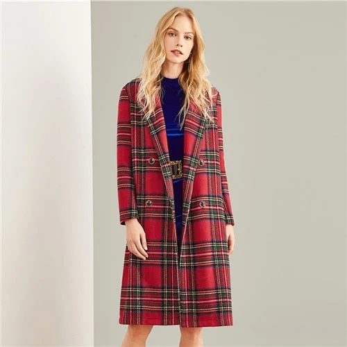 SHEIN Multicolor Double Breasted Waterfall Plaid Longline Coat Elegant Pocket Knee Length Outerwear Women Autumn Trench Coats