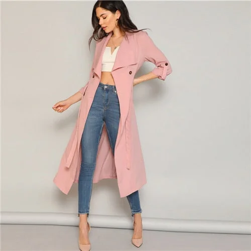 SHEIN Pastel Pink Draped Collar Rolled Tab Sleeve Trench Coat Women Double Buttoned Outerwear Spring 2019 Elegant Long Coats