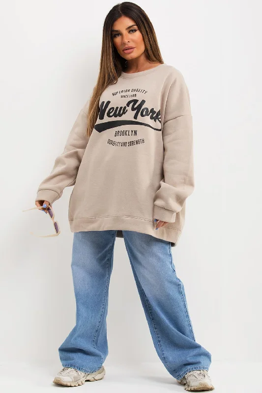 Sweatshirt With New York Slogan Oversized Fit Beige