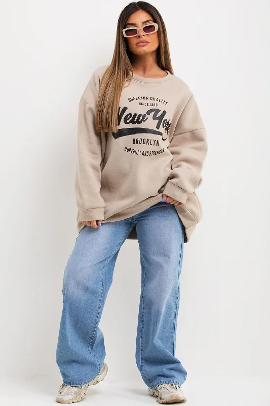 Sweatshirt With New York Slogan Oversized Fit Beige