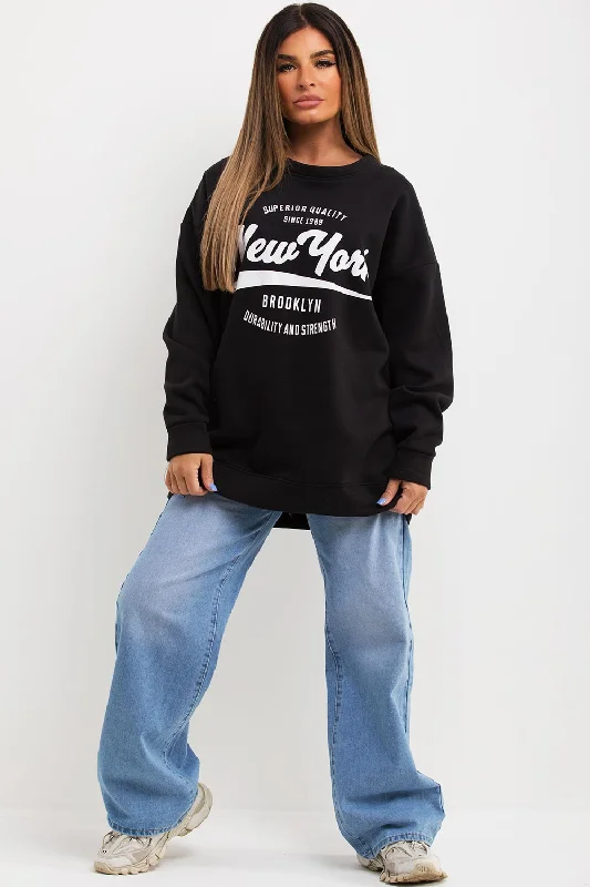 Sweatshirt With New York Slogan Oversized Fit Black