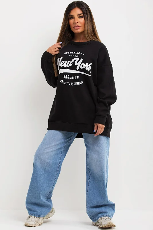 Sweatshirt With New York Slogan Oversized Fit Black