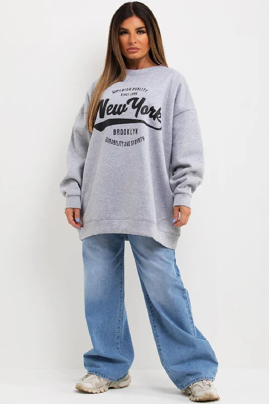 Sweatshirt With New York Slogan Oversized Fit Grey