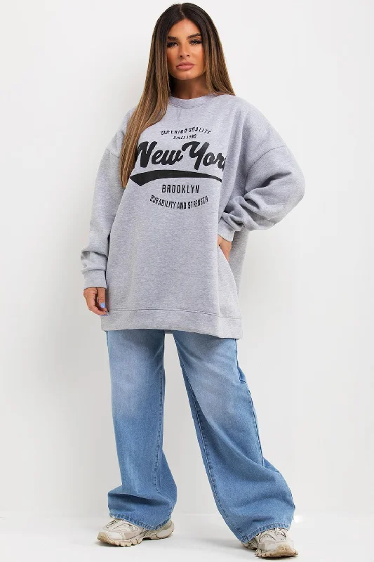 Sweatshirt With New York Slogan Oversized Fit Grey