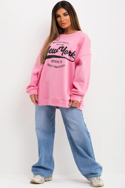 Sweatshirt With New York Slogan Oversized Fit Pink