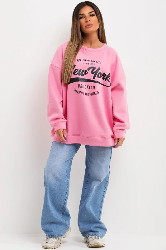 Sweatshirt With New York Slogan Oversized Fit Pink