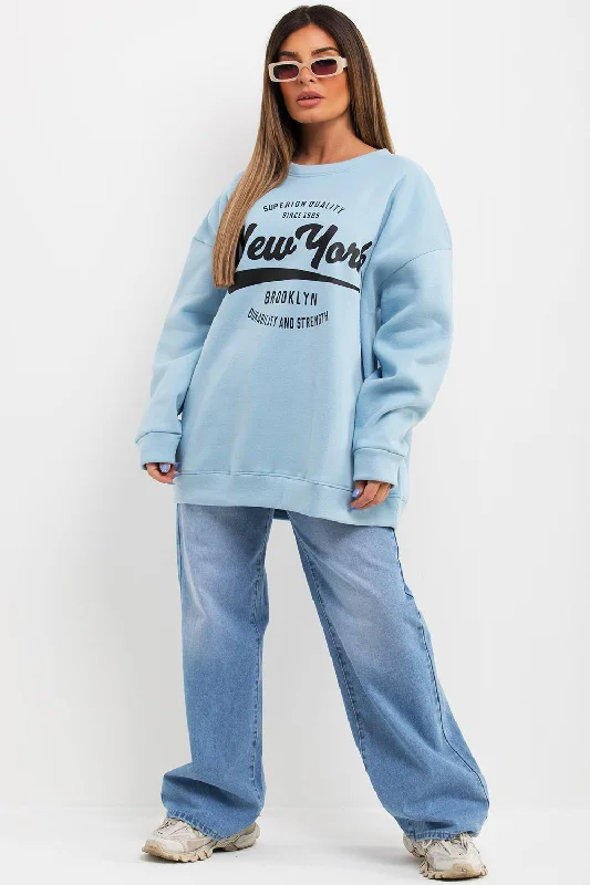 Sweatshirt With New York Slogan Oversized Fit Sky Blue