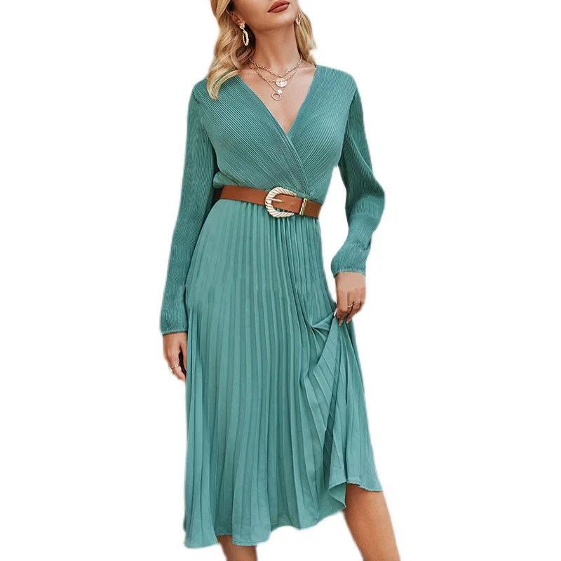 V-neck Long-sleeved Waist Dress New Style Is Slim