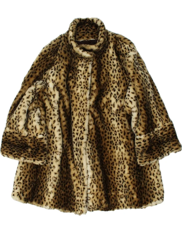 VINTAGE Womens Faux Fur Overcoat UK 18 XL Brown Animal Print Acrylic