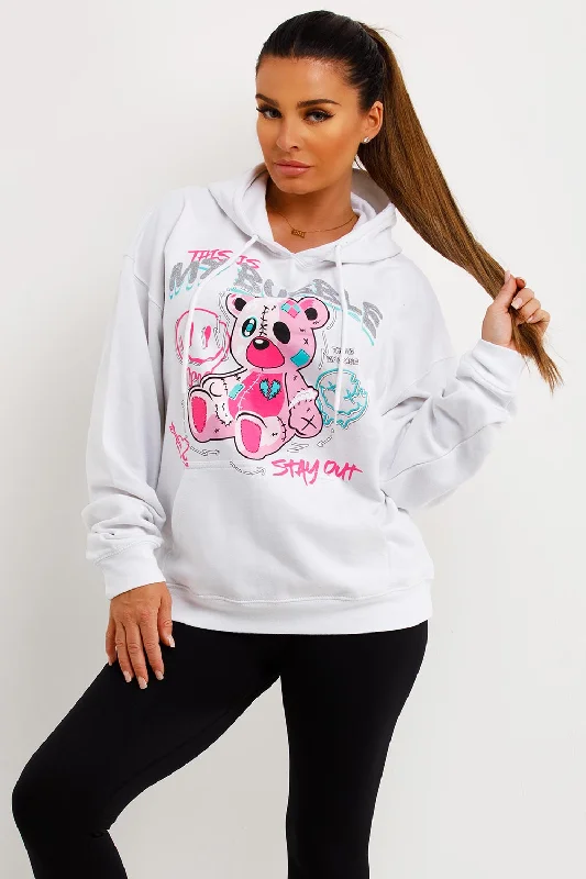 White Oversized Hoodie With Teddy Bear Bubble Graphics