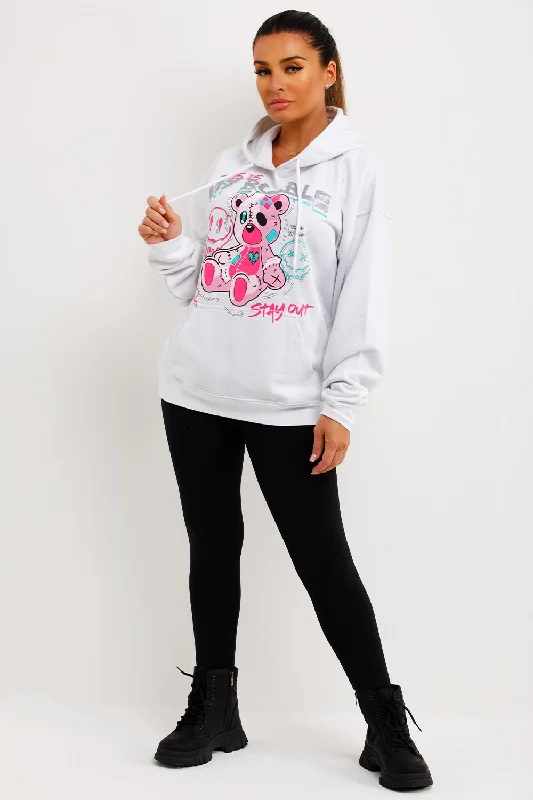 White Oversized Hoodie With Teddy Bear Bubble Graphics