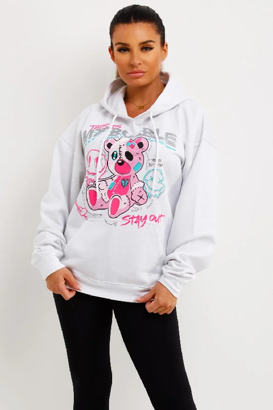 White Oversized Hoodie With Teddy Bear Bubble Graphics