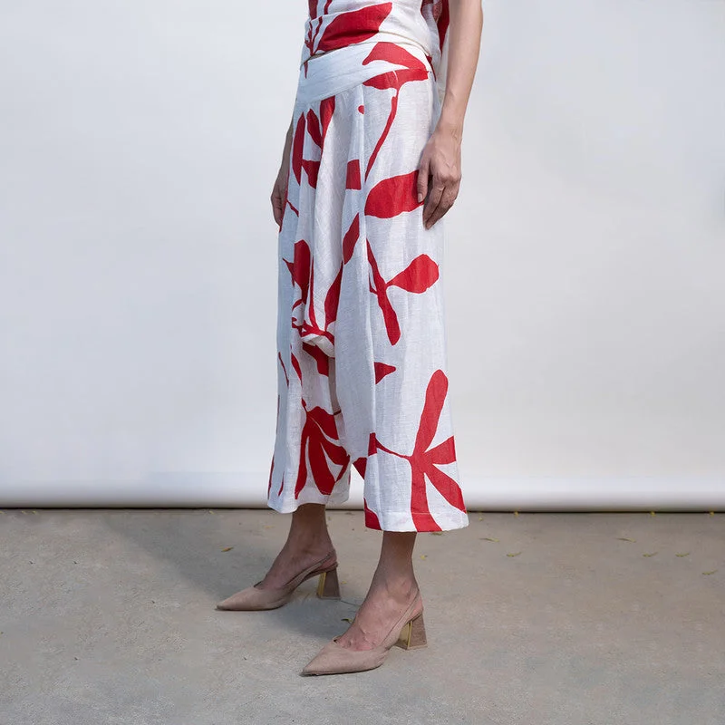 Ankle Length Trouser | Linen Silk | Ivory & Red