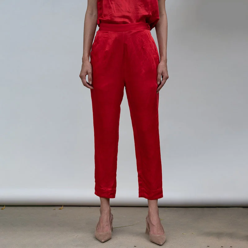 Linen Satin Trouser | Narrow Fit | Red