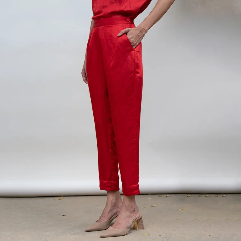 Linen Satin Trouser | Narrow Fit | Red