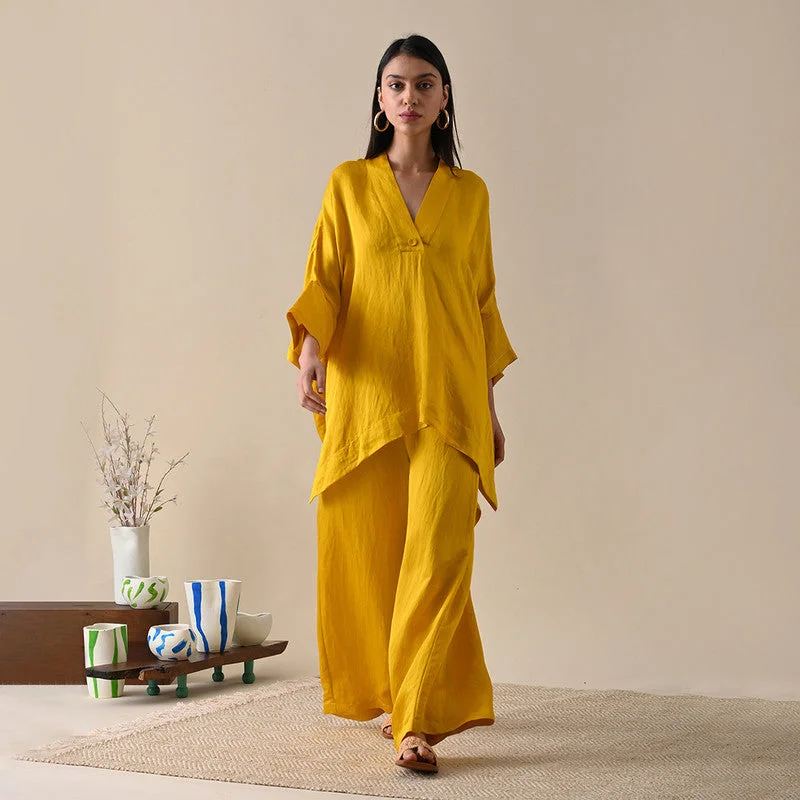 Trousers For Women | Linen Satin | Straight Fit | Yellow