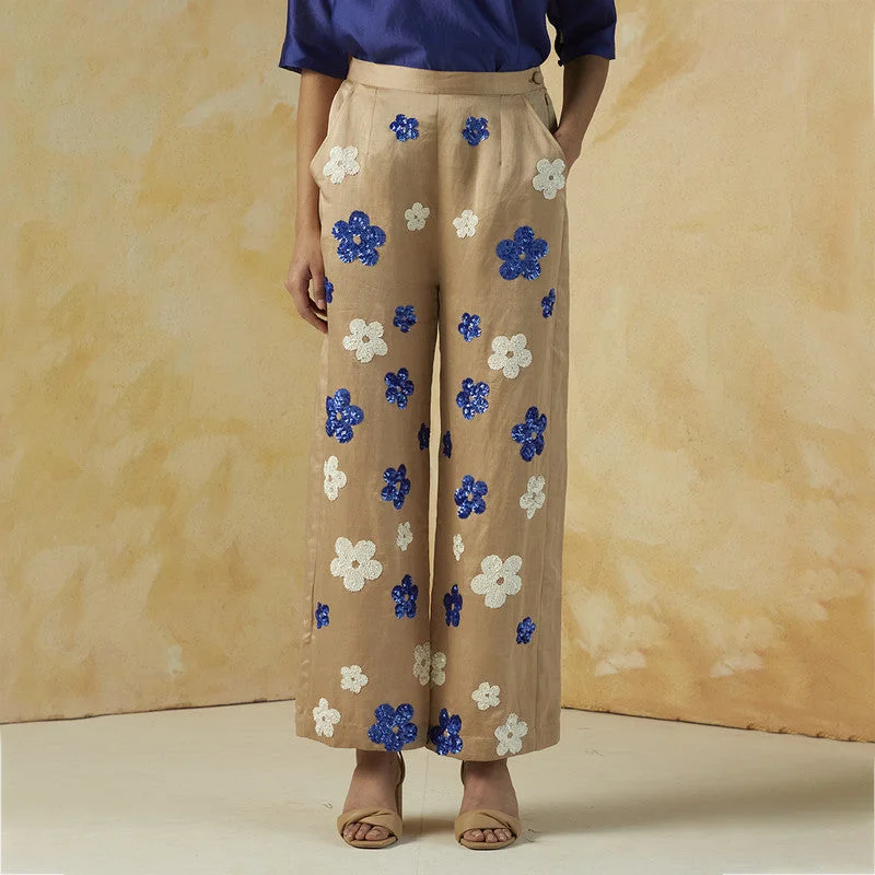 Linen Satin Embroidered Trousers | Beige