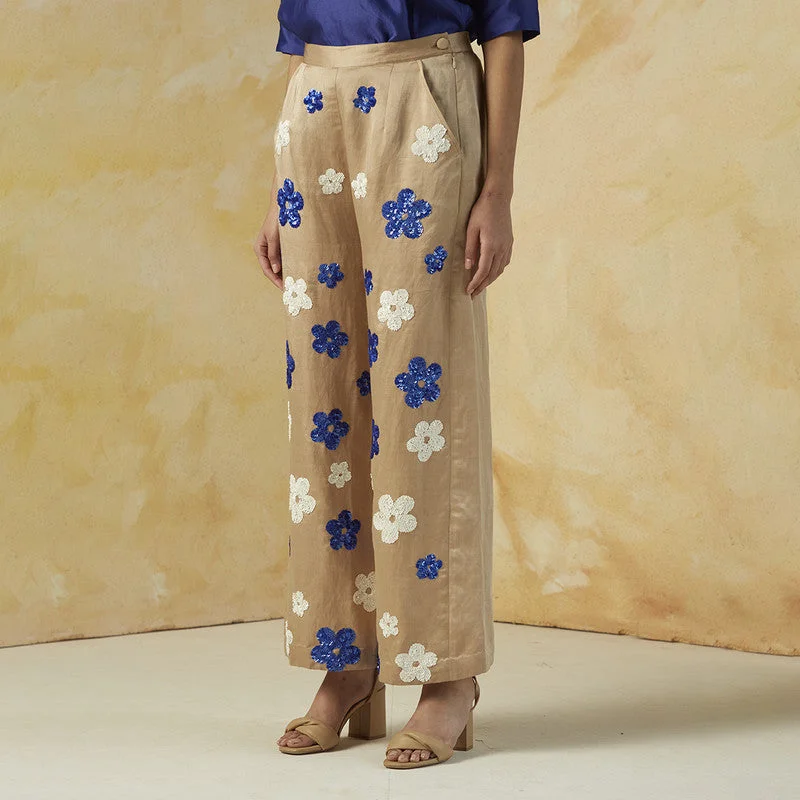 Linen Satin Embroidered Trousers | Beige