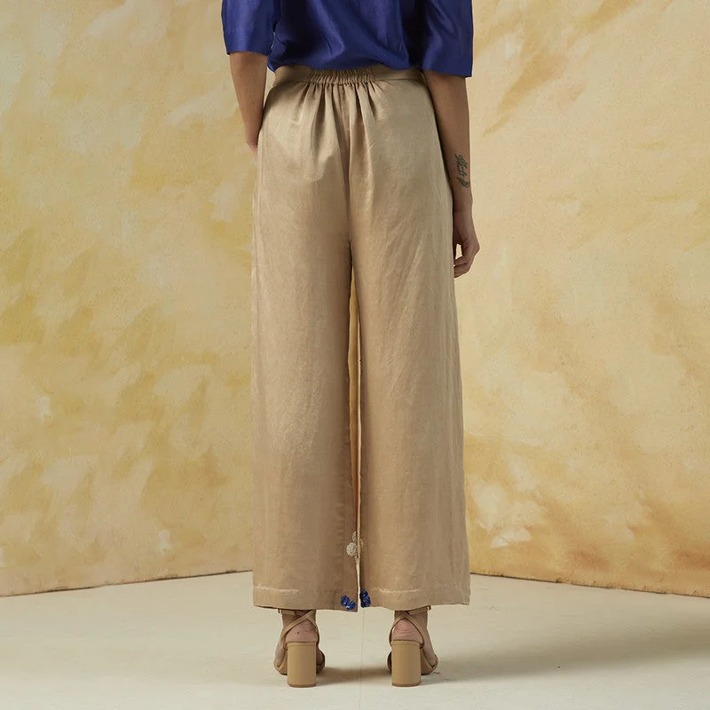 Linen Satin Embroidered Trousers | Beige