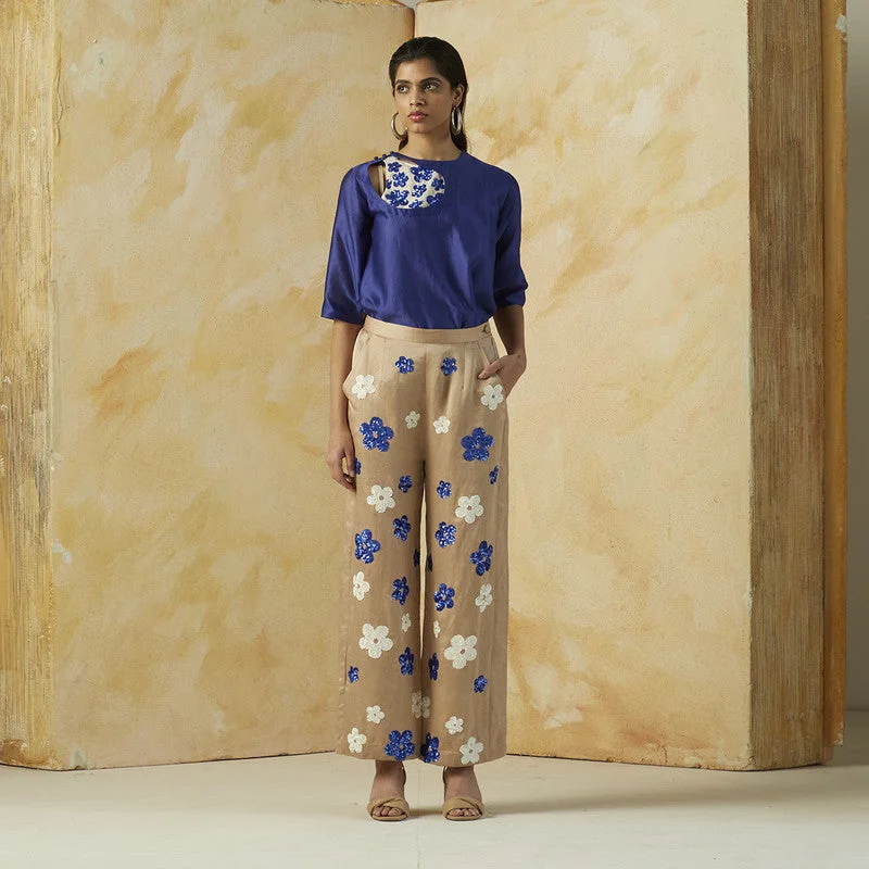 Linen Satin Embroidered Trousers | Beige