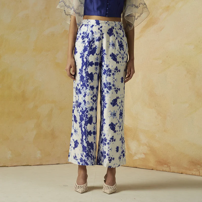 Linen Satin Printed Trousers | Blue