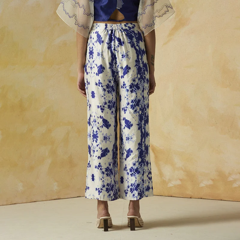 Linen Satin Printed Trousers | Blue