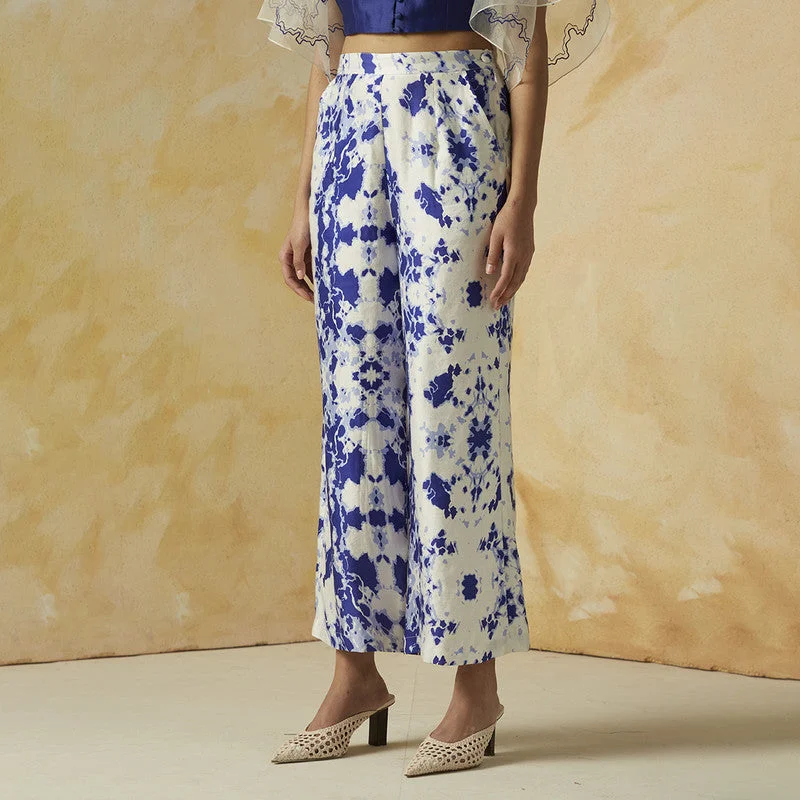 Linen Satin Printed Trousers | Blue